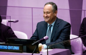 NEW YORK, NEW YORK - FEBRUARY 09: U.S. second gentleman Doug Emhoff attends an Economic and Social Council session about “Globalizing Efforts to Combat Antisemitism” at the United Nations World Headquarters on February 9, 2023 in New York City. Emhoff has become a leader in the Biden administration's efforts to combat antisemitism, setting forth meetings with prominent Jewish figures, national appearances and European trips to a number of significant Jewish sites.