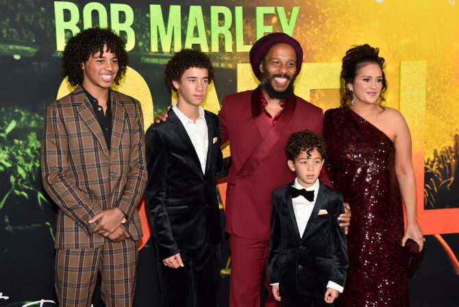 LOS ANGELES, CALIFORNIA - FEBRUARY 06: (L-R) Gideon Marley, Abraham Marley, Ziggy Marley, Isaiah Marley, and Orly Marley attend the Los Angeles Premiere of "Bob Marley: One Love" at Regency Village Theatre on February 06, 2024, in Los Angeles, California.