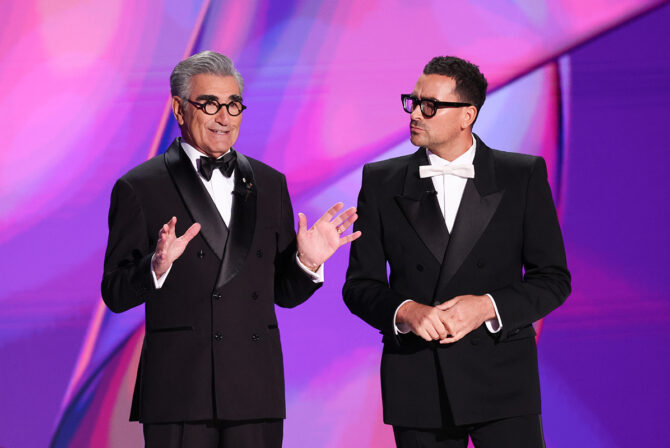 Eugene Levy and Daniel Levy at the 76th Primetime Emmy Awards held at Peacock Theater on September 15, 2024 in Los Angeles, California.