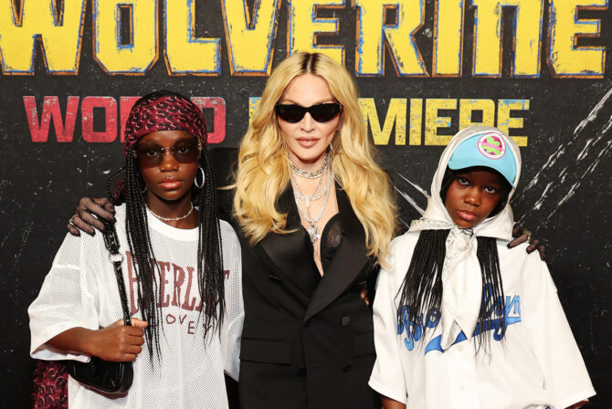 NEW YORK, NEW YORK - JULY 22: (EXCLUSIVE CONTENT) (L-R) Estere, Madonna, and Stella attend the Deadpool & Wolverine World Premiere at the David H. Koch Theater on July 22, 2024 in New York City.