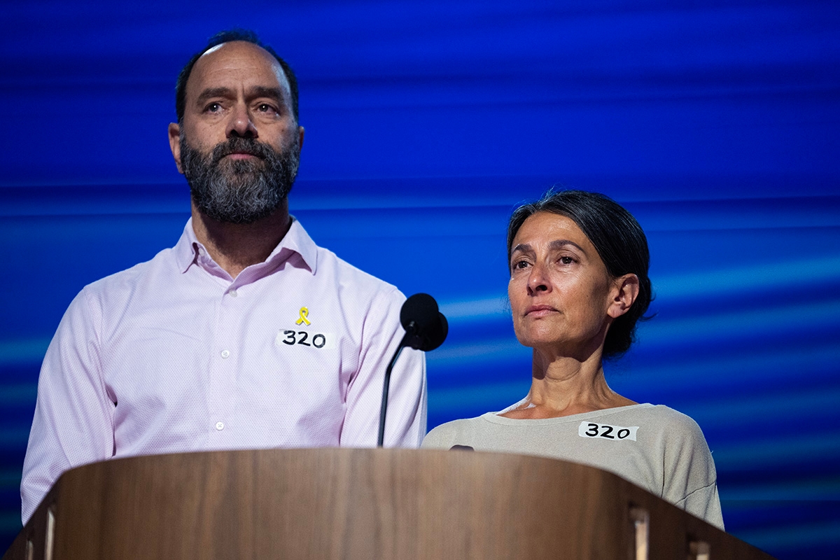 UNITED STATES - AUGUST 21: Jon Polin and Rachel Goldberg, parents of Hamas hostage Hersh Goldberg-Polin, speak on the third night of the Democratic National Convention at the United Center in Chicago, Ill., on Wednesday, August 21, 2024.