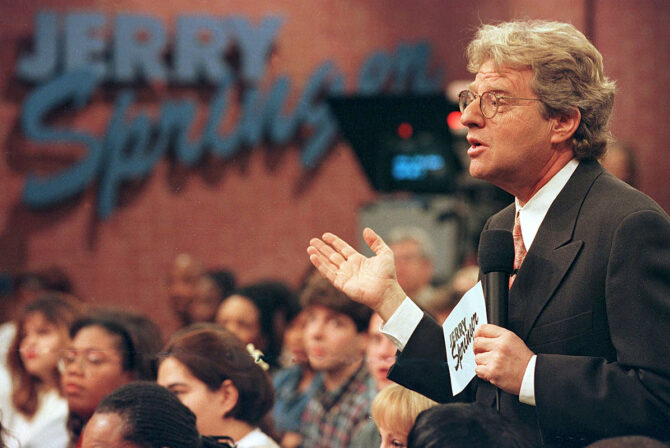 Jerry Springer Speaks To Guests During His Show December 17 1998 The Show Which Features Violent O