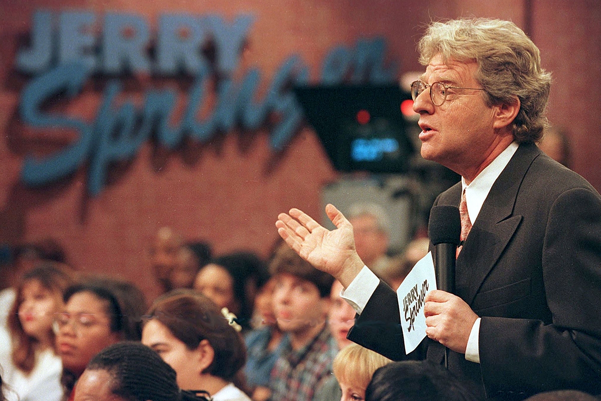 Jerry Springer Speaks To Guests During His Show December 17 1998 The Show Which Features Violent O