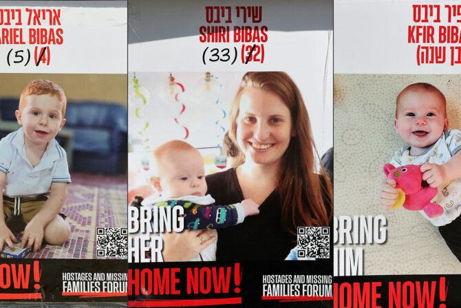 (COMBO) This combination of pictures created on February 20, 2025 shows posters bearing the portraits of Israeli hostages Shiri Bibas (C) and her two children Ariel (L) and Kfir (R), held in the Gaza Strip since the October 7, 2023 attack by Hamas militants, set up on a square outside the Tel Aviv Museum of Art, on January 21, 2025. Hamas is due to hand over the bodies of four hostages on February 20, including those of the Bibas family, who have become symbols of the hostage crisis that has gripped Israel since the Gaza war broke out. The transfer of the bodies is the first such handover of remains by Hamas since its October 7, 2023 attack on Israel triggered the war. (Photo by AFP) (Photo by -/AFP via Getty Images)