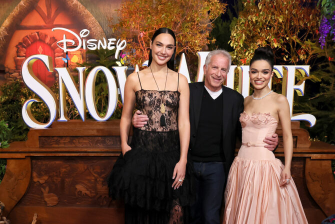 LOS ANGELES, CALIFORNIA - MARCH 15: (L-R) Gal Gadot, Marc E. Platt and Rachel Zegler attend the World Premiere of Disney's Snow White at El Capitan Theatre in Hollywood, California on March 15, 2025.